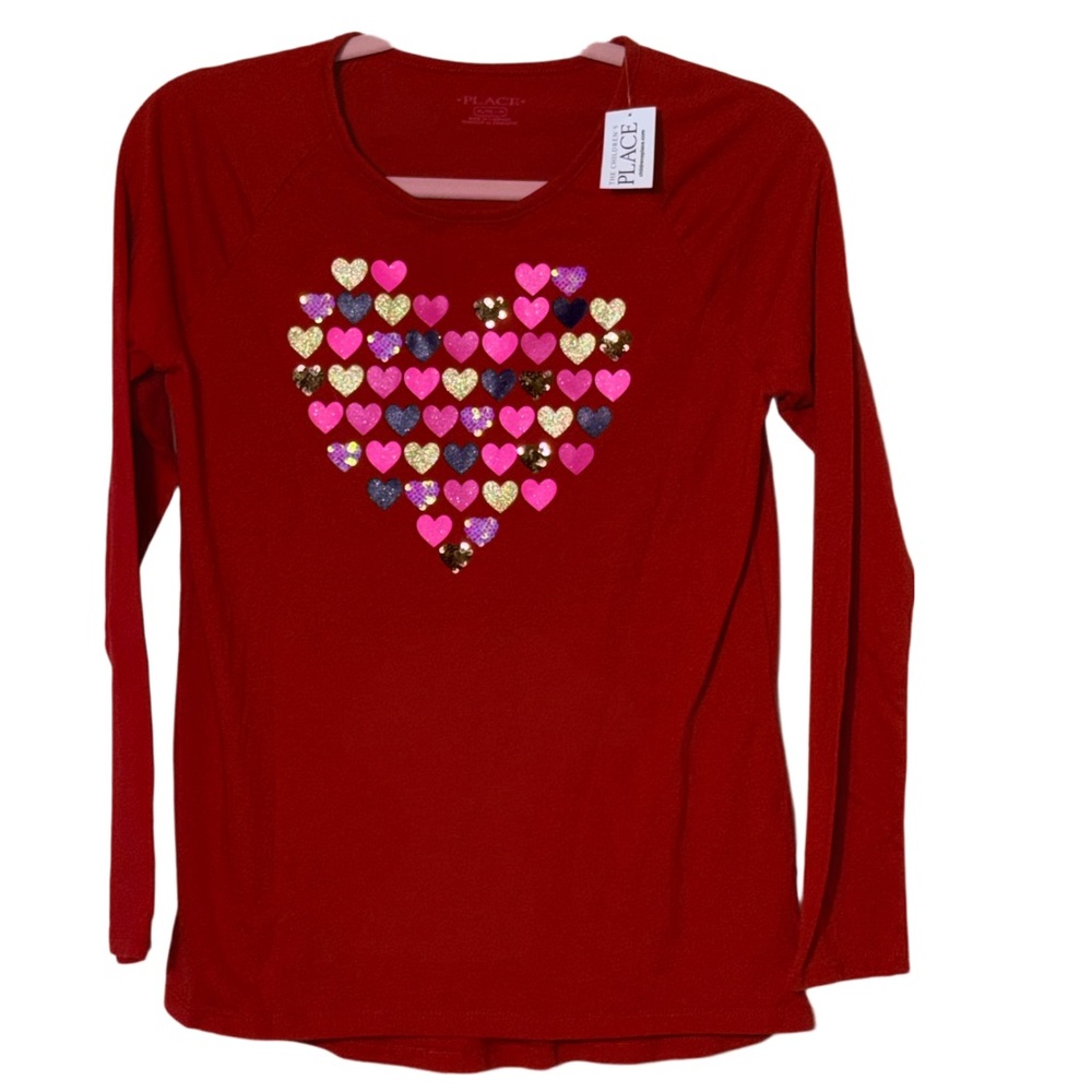 The Children's Place NWT Red Glitter Heart Long Sleeve Tee Sz XL